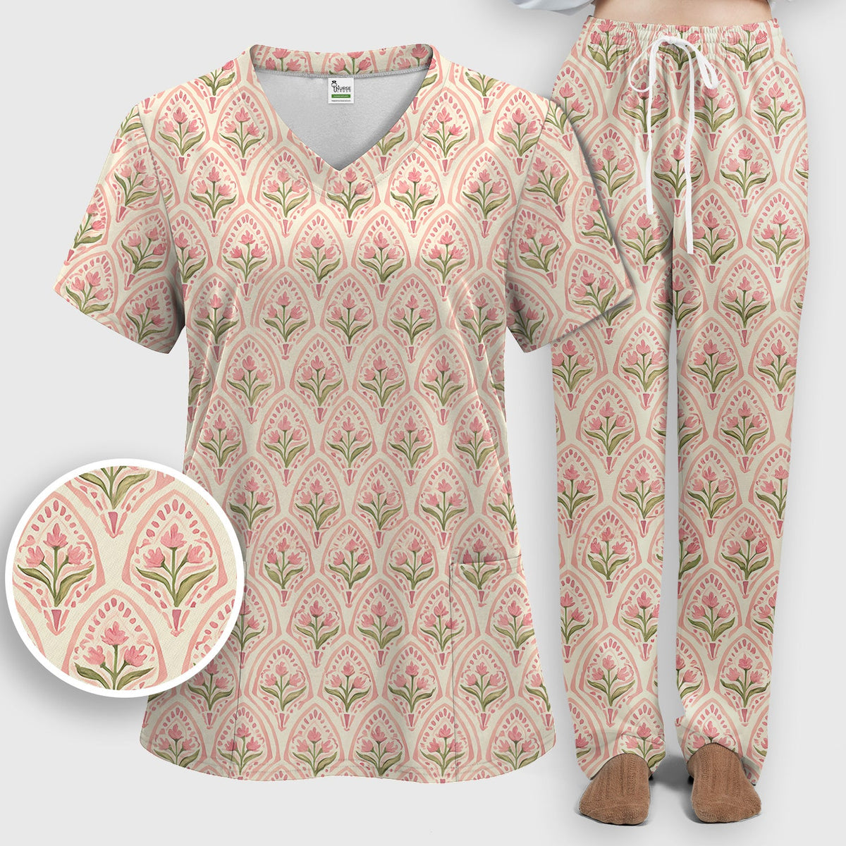 Pink Tulip Floral Arch Nurse Scrub Set