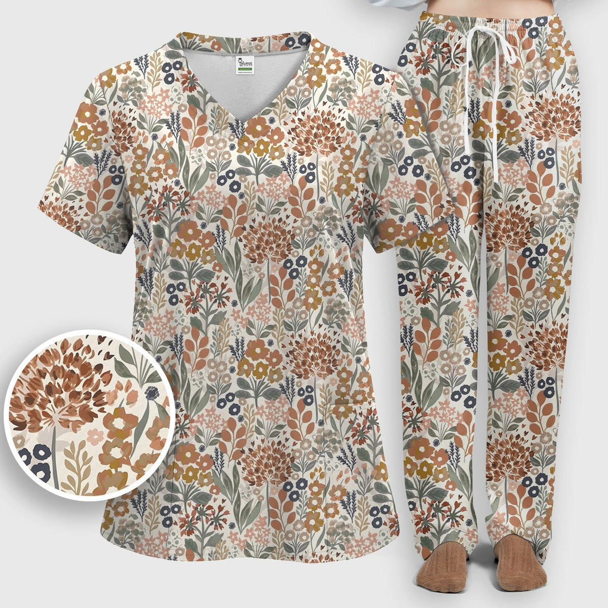 Vintage Botanical Floral Nurse Scrub Set