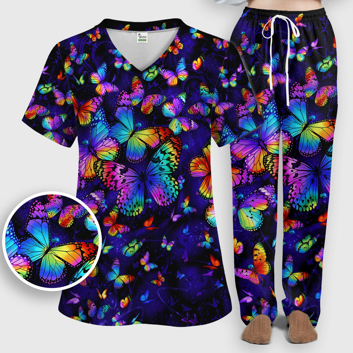 Vibrant Rainbow Butterfly Galaxy Nurse Scrub Set