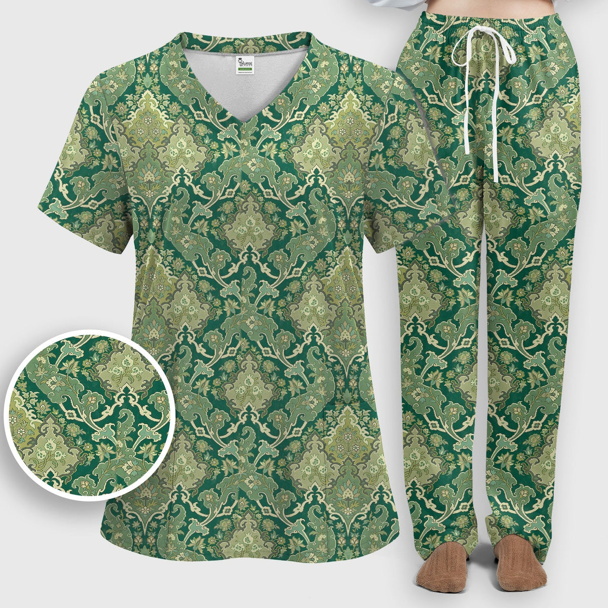 Green Vintage Damask Ornamental Nurse Scrub Set