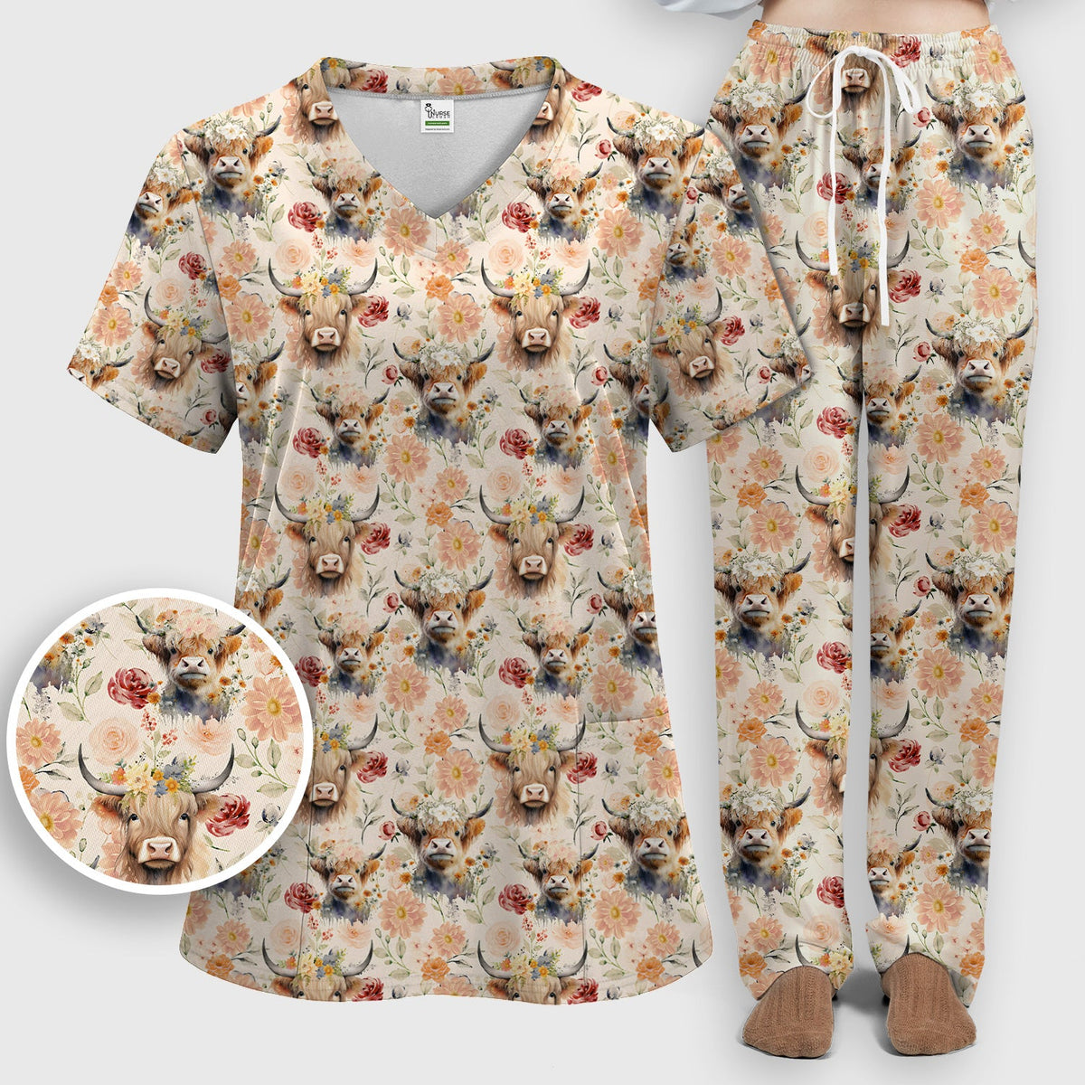 Highland Cow Floral Nurse Scrub Set