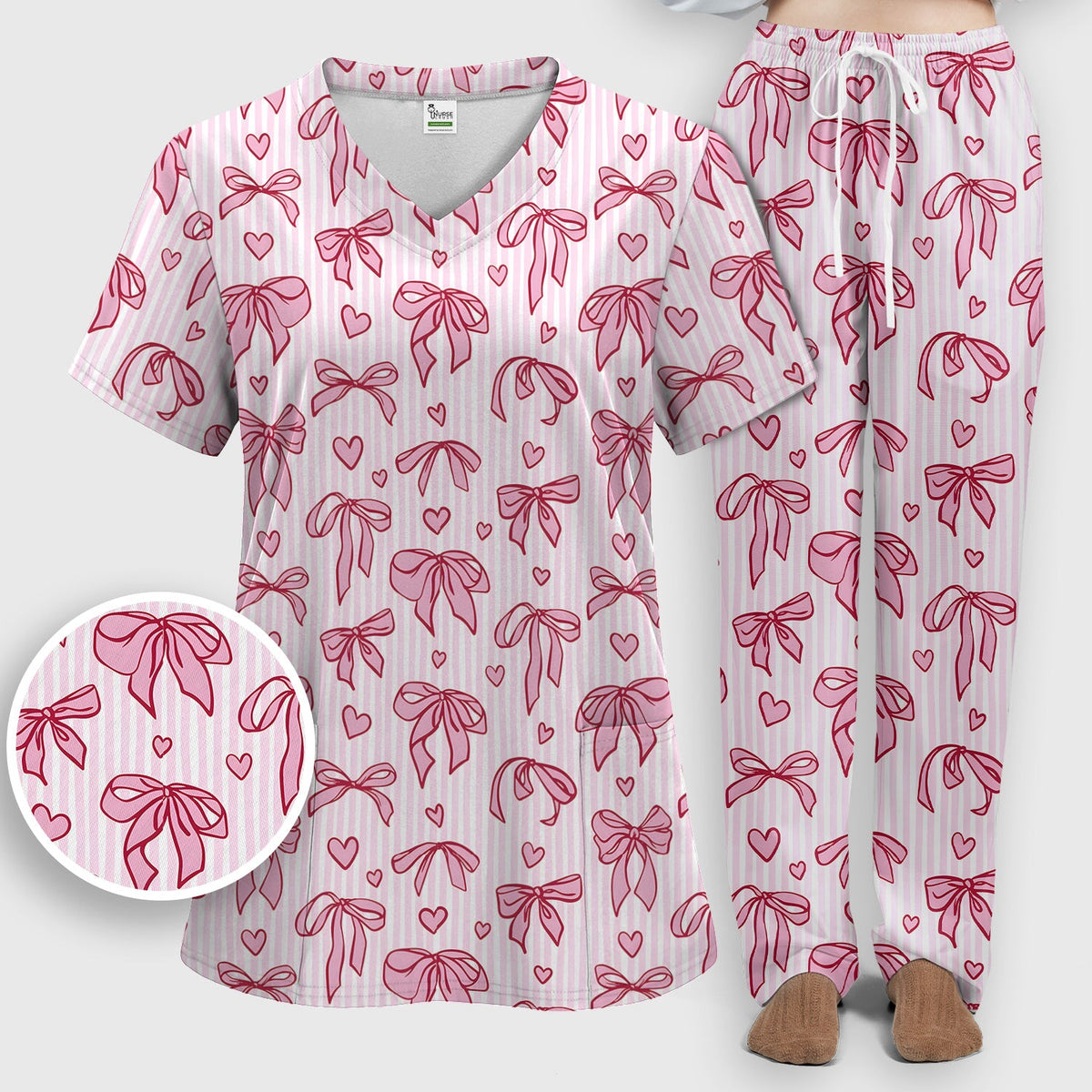 Pink Bow Heart Stripe Nurse Scrub Set