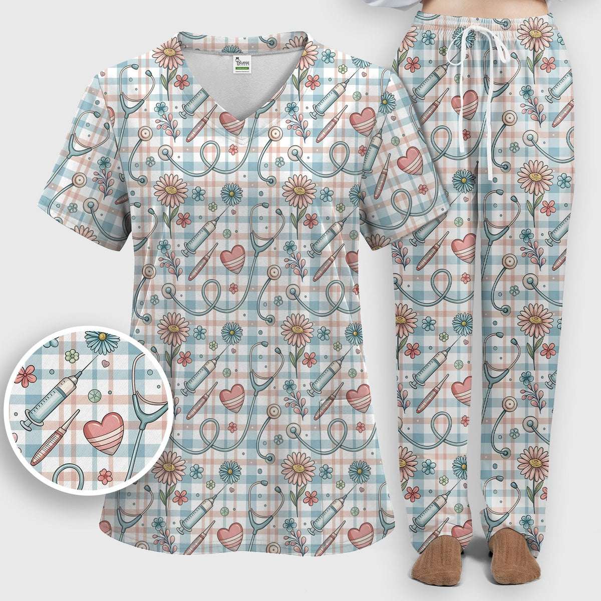 Stethoscope Heart Syringe Floral Plaid Nurse Scrub Set