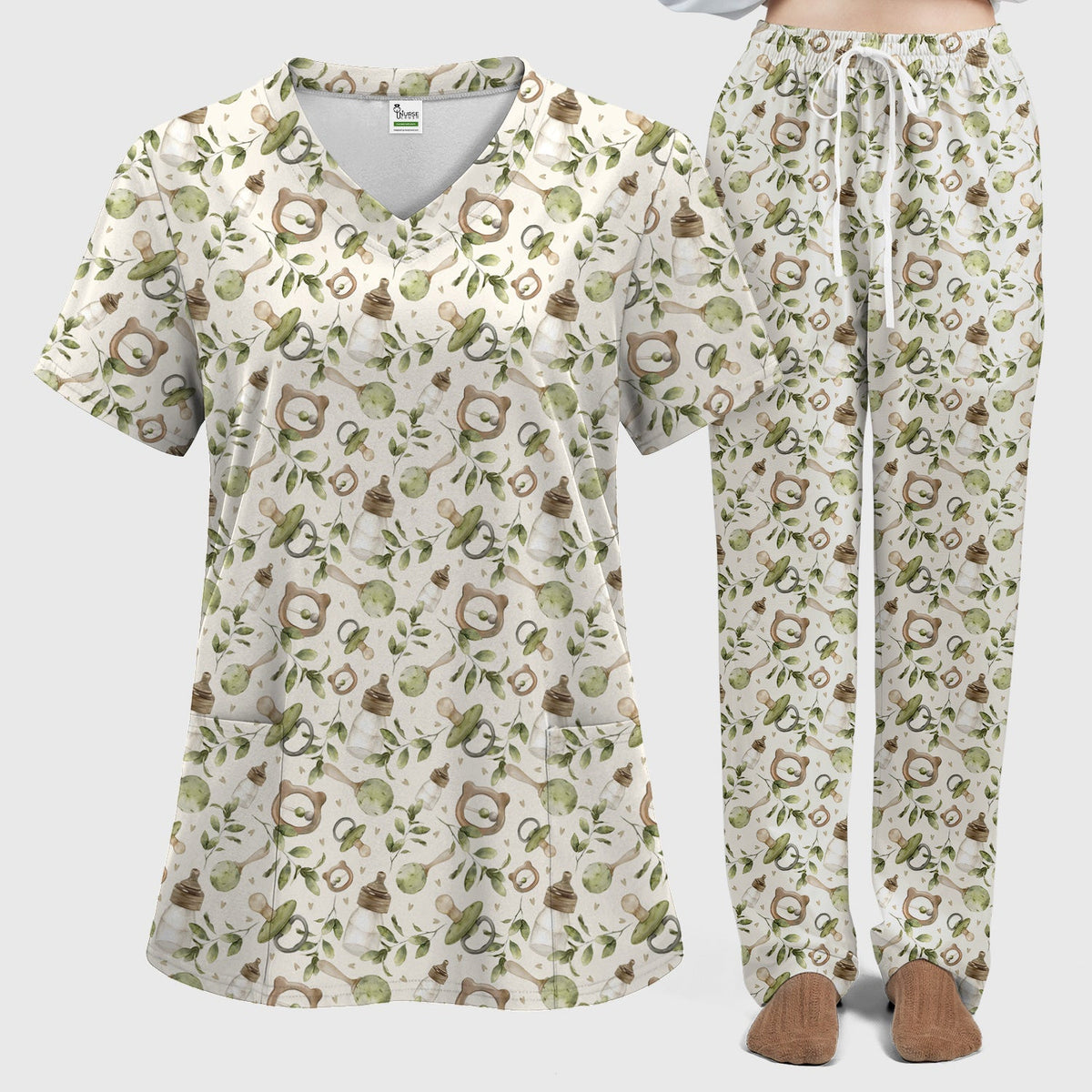 Cute Baby Bottle Greenery Nurse Scrub Set