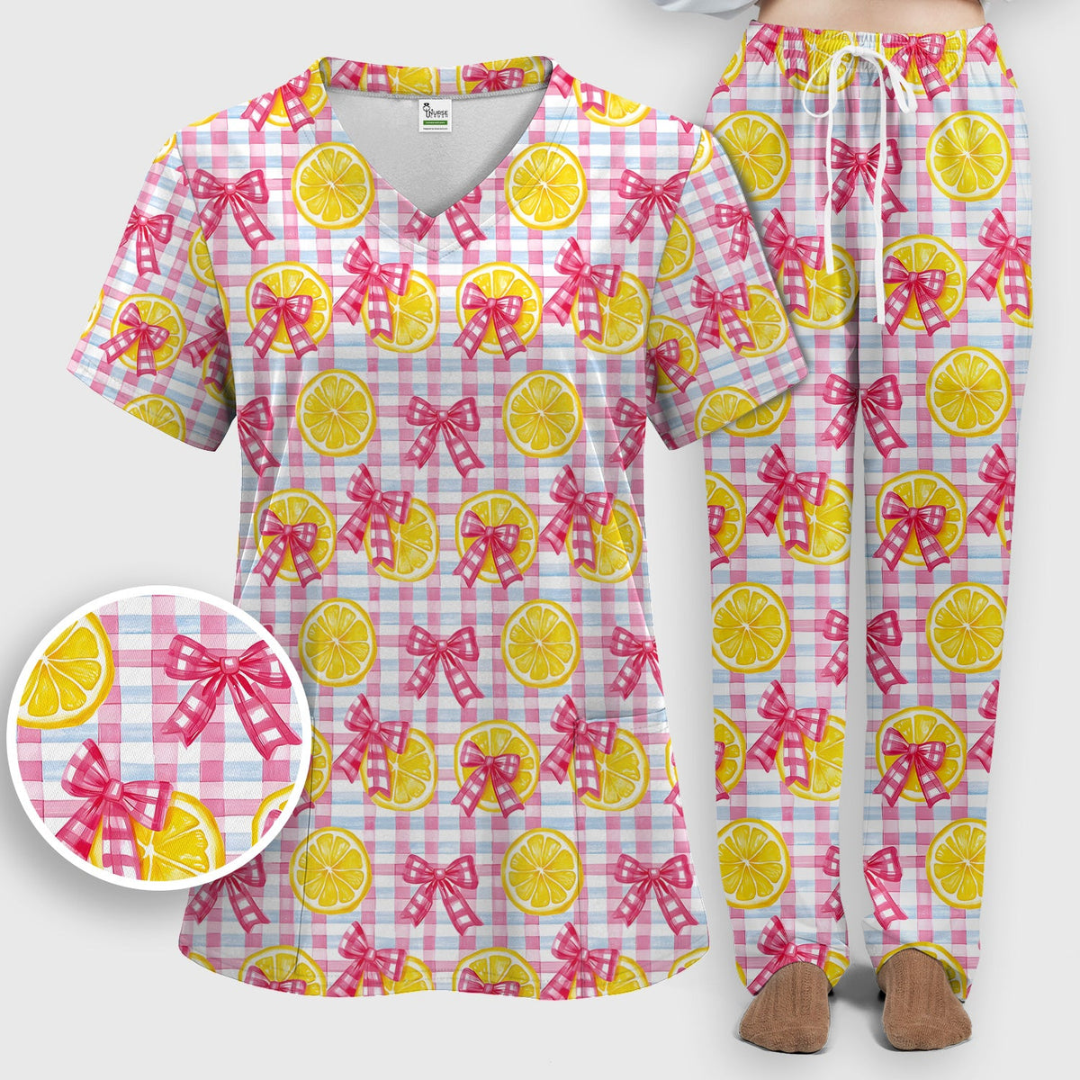 Lemon Slice Pink Bow Gingham Nurse Scrub Set