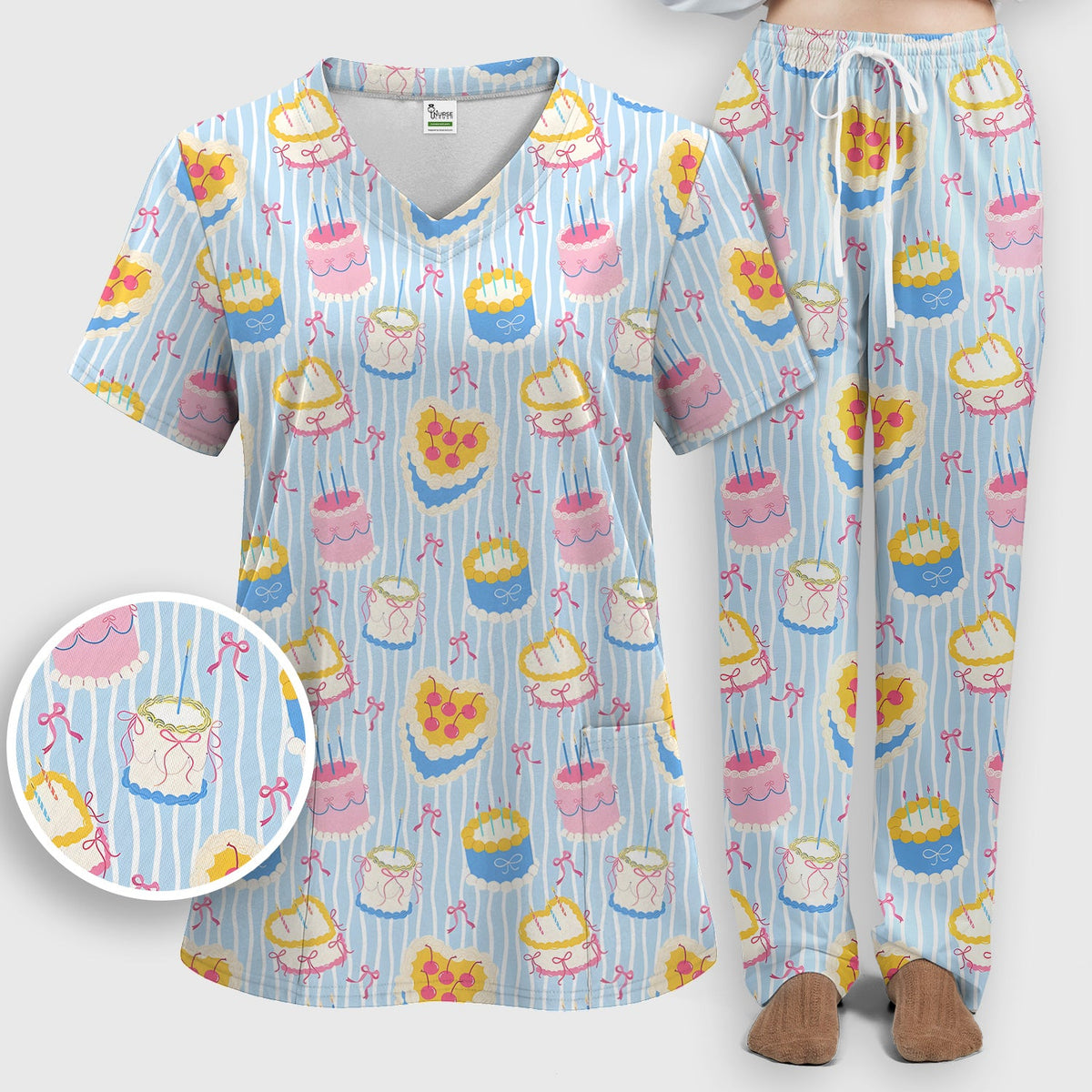 Coquette Cake Bow Stripe Nurse Scrub Set
