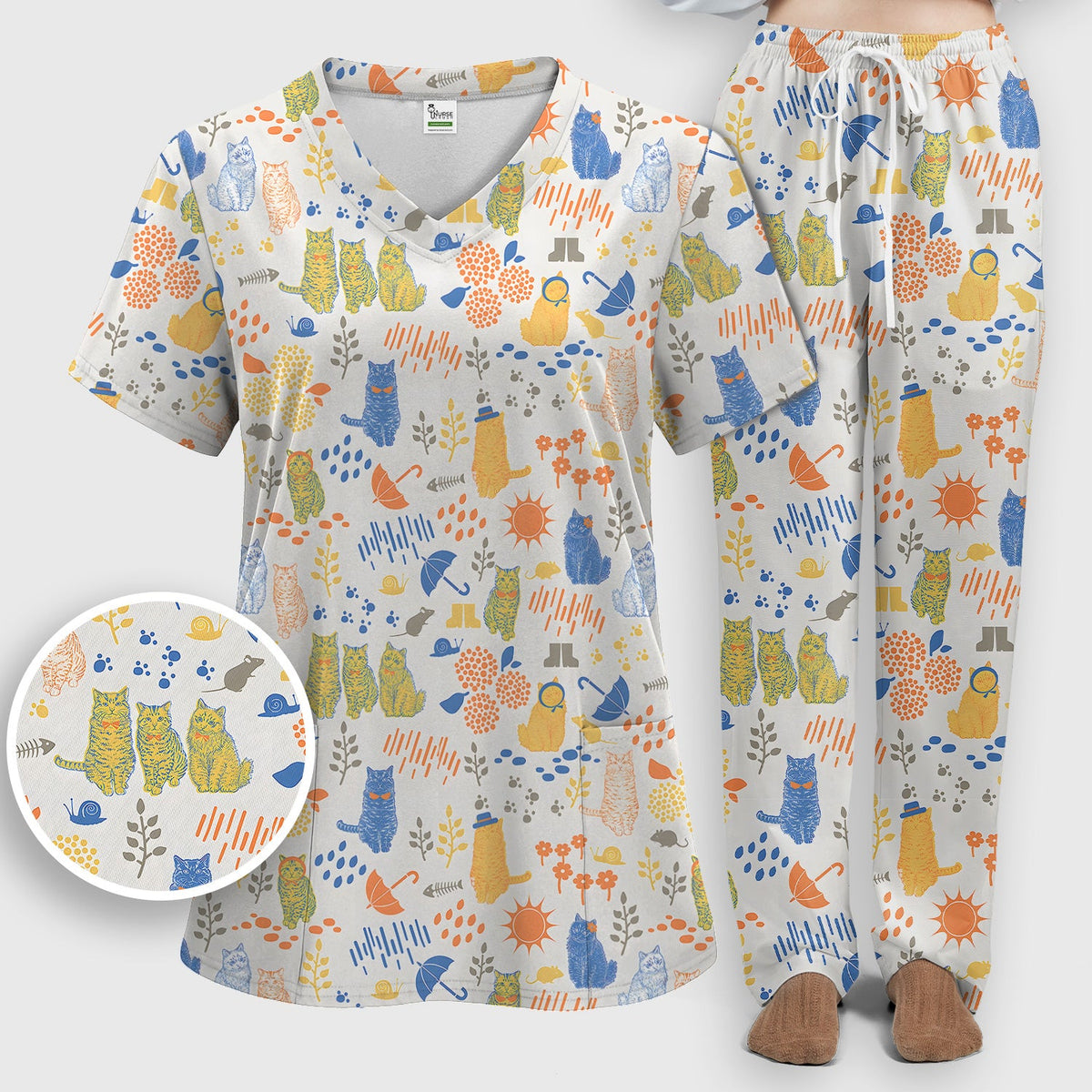 Cozy Rainy Day Cat Lover Nurse Scrub Set