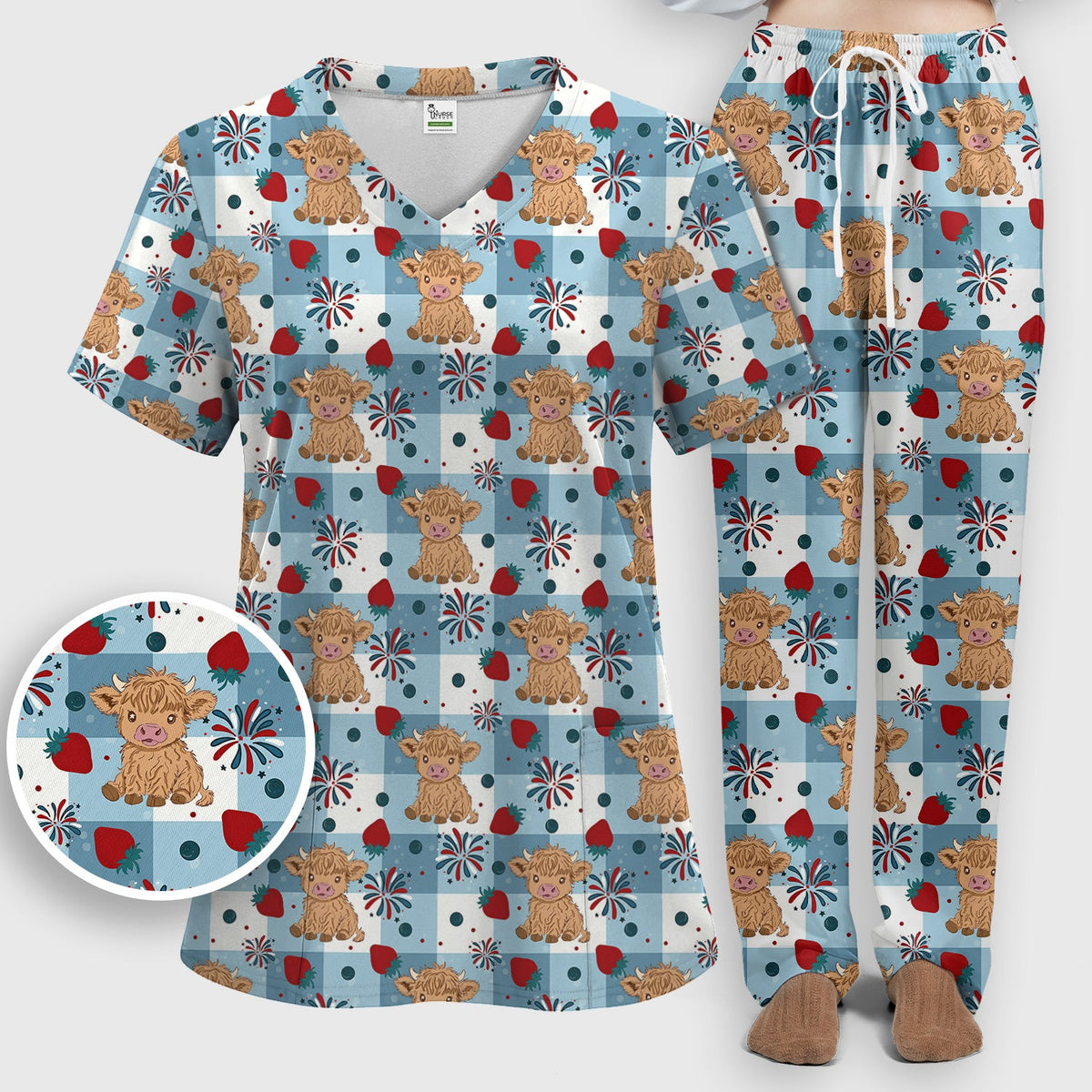 Highland Cow Strawberry Gingham Nurse Scrub Set
