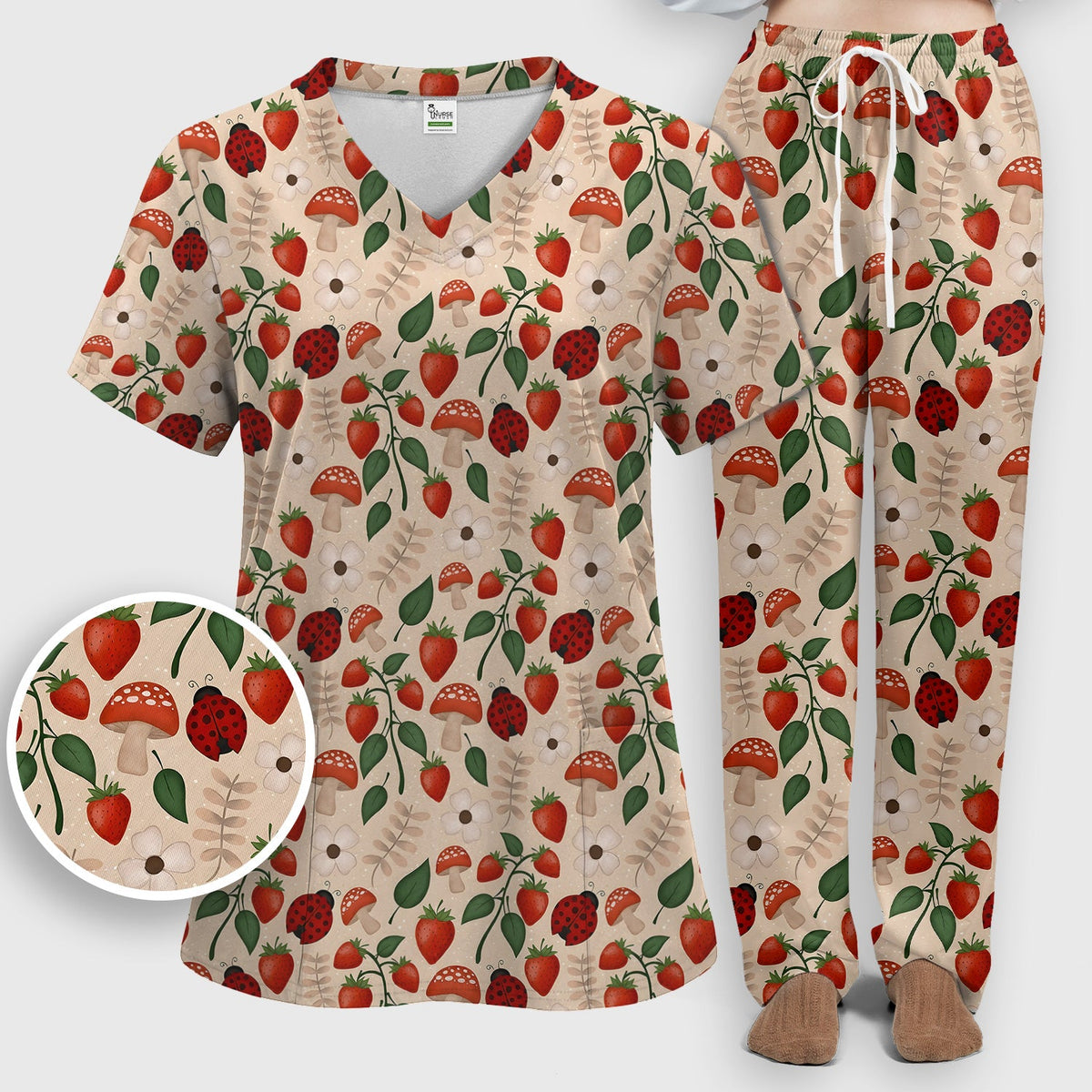 Strawberry Ladybug Mushroom Floral Nurse Scrub Set