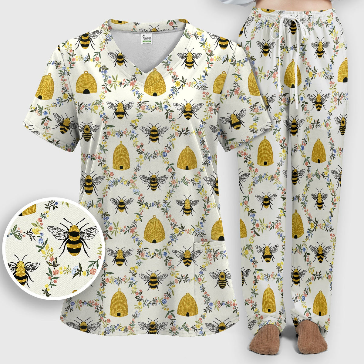 Honey Bee Beehive Floral Nurse Scrub Set