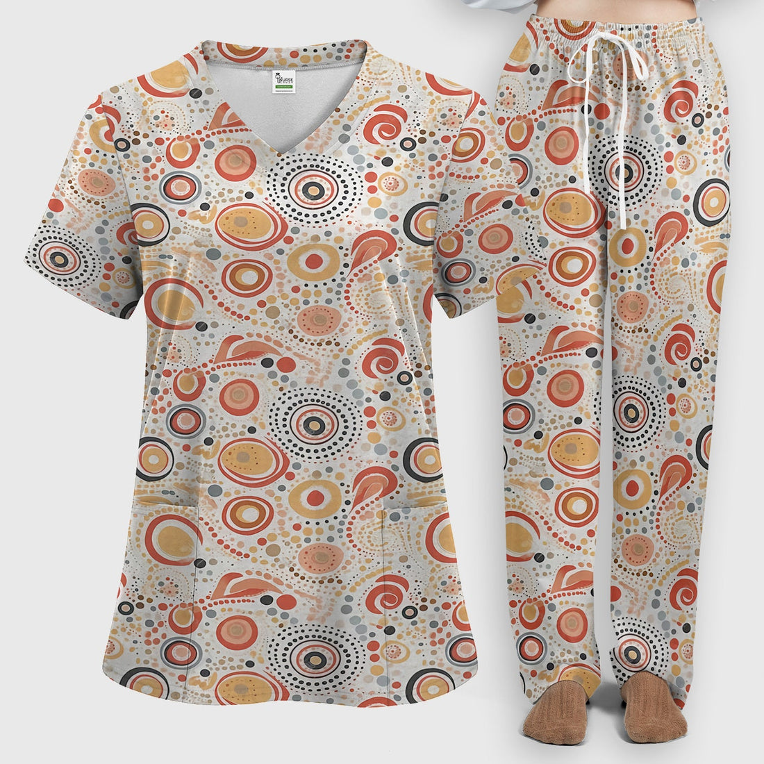 Abstract Earth Tone Dot Circle Pattern Scrub Set, Breathable Med Uniform