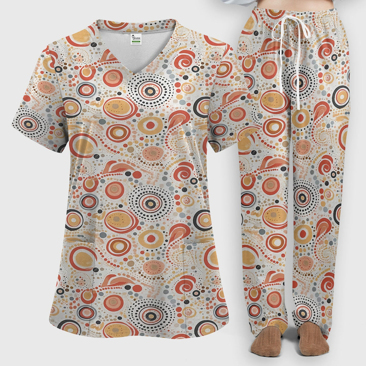 Abstract Earth Tone Dot Circle Pattern Scrub Set, Breathable Med Uniform
