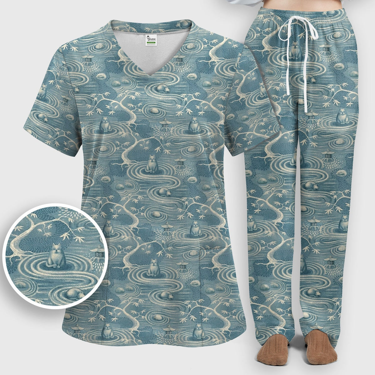 Zen Cat Water Garden Nurse Scrub Set