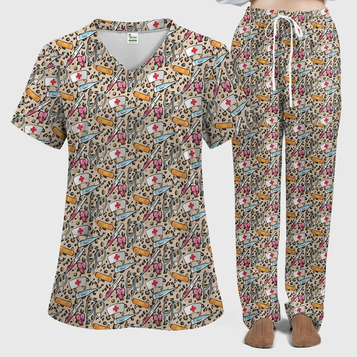 Leopard Medical Tools Pink Heart Nurse Scrub Set