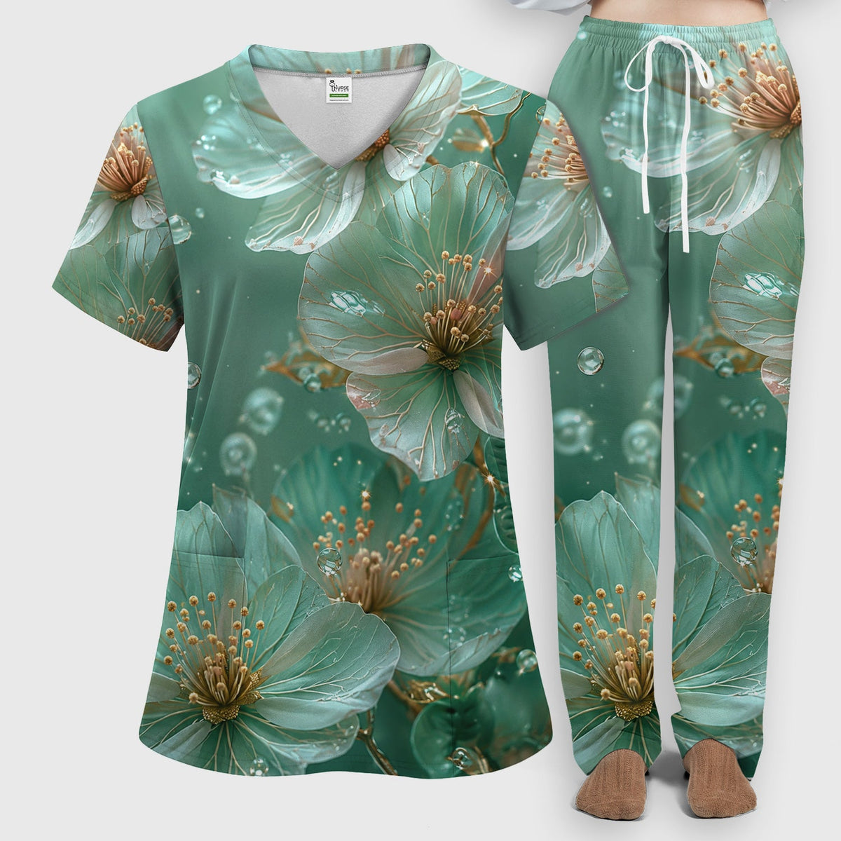 Elegant Mint Blossom Dewdrop Nurse Scrub Set