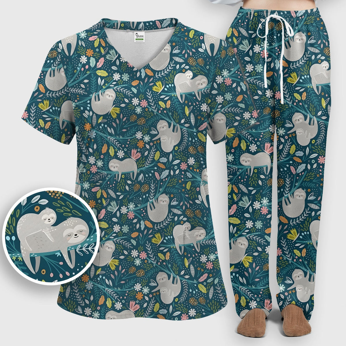 Sloth Jungle Leaf Nurse Scrub Set