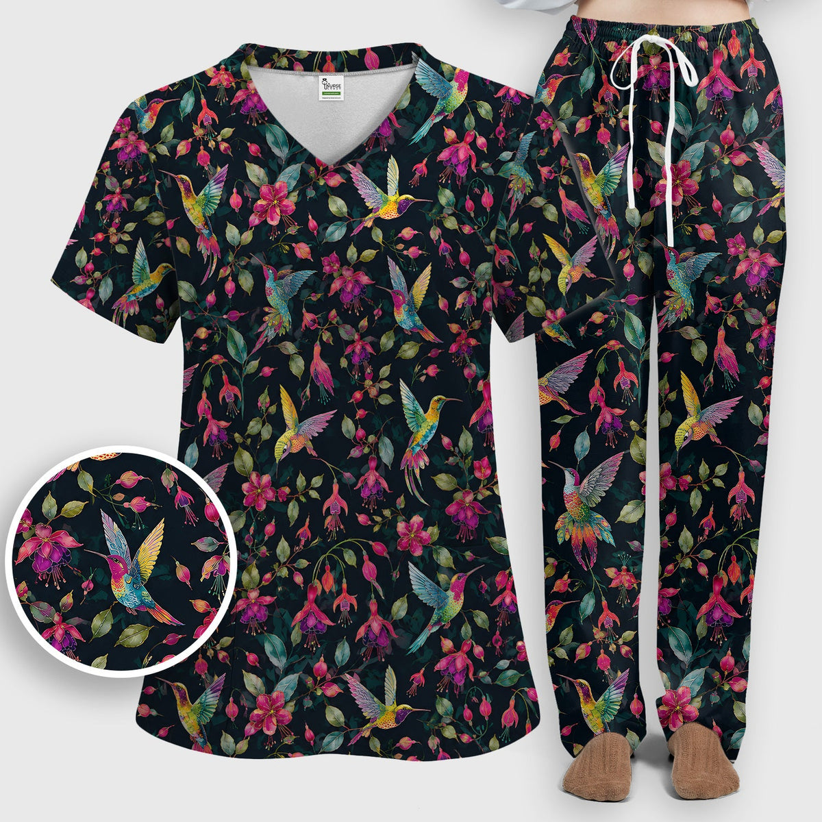 Hummingbird Fuchsia Bloom Nurse Scrub Set
