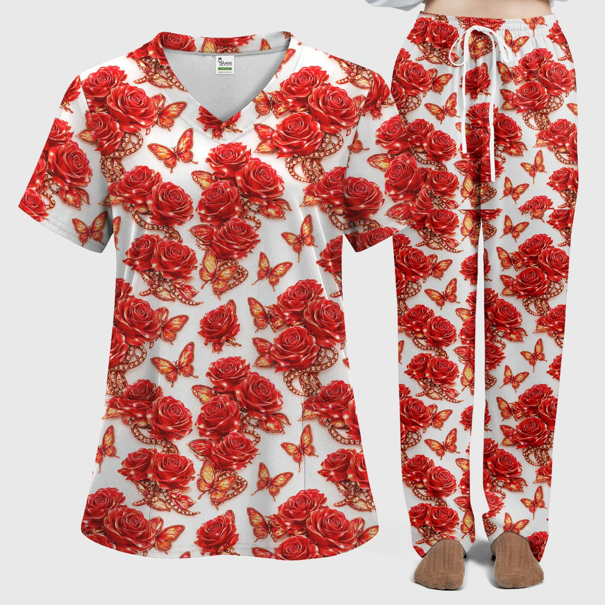 Red Rose And Butterfly Nurse Scrub Set