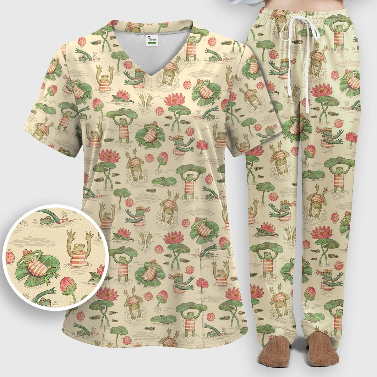 Frogs Swimming Lily Pond Nurse Scrub Set