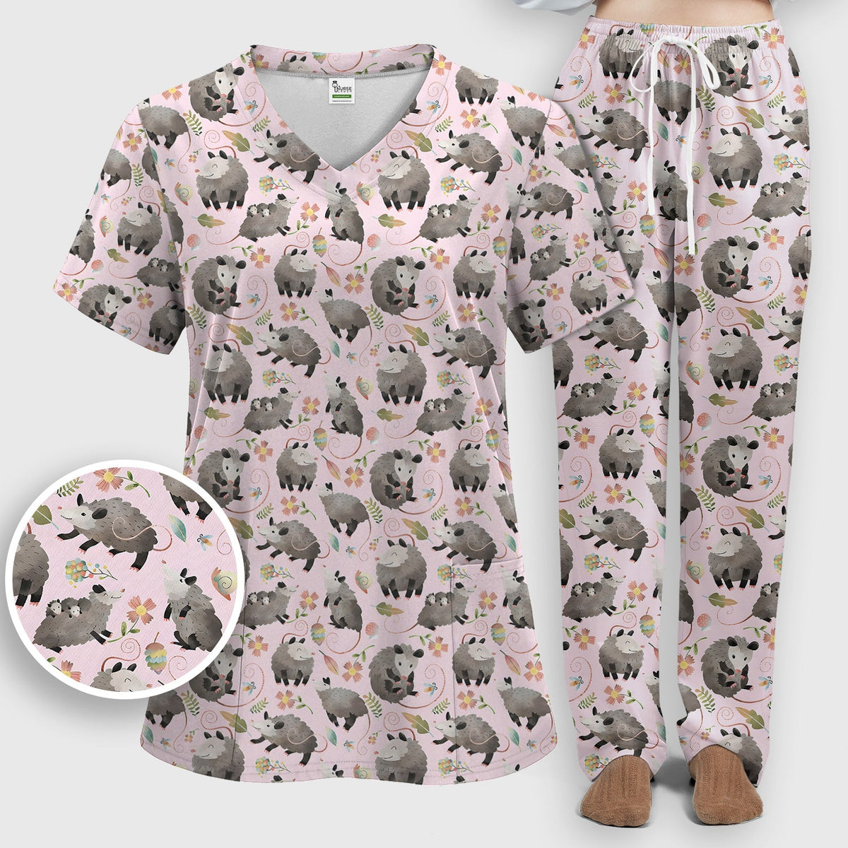 Opossum Playing Flower Garden Nurse Scrub Set