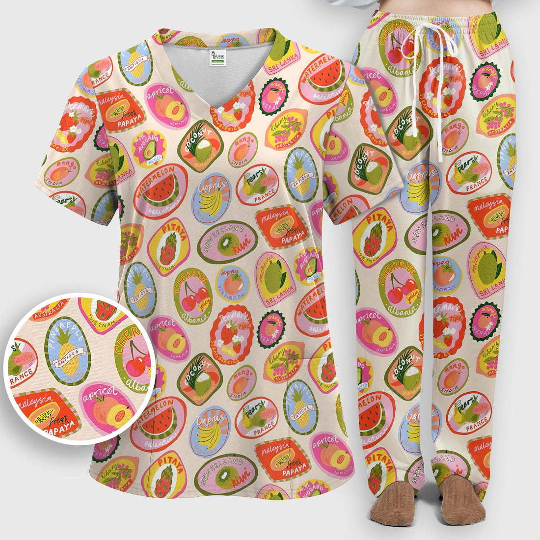Summer Colorful Fruit Sticker Nurse Scrub Set