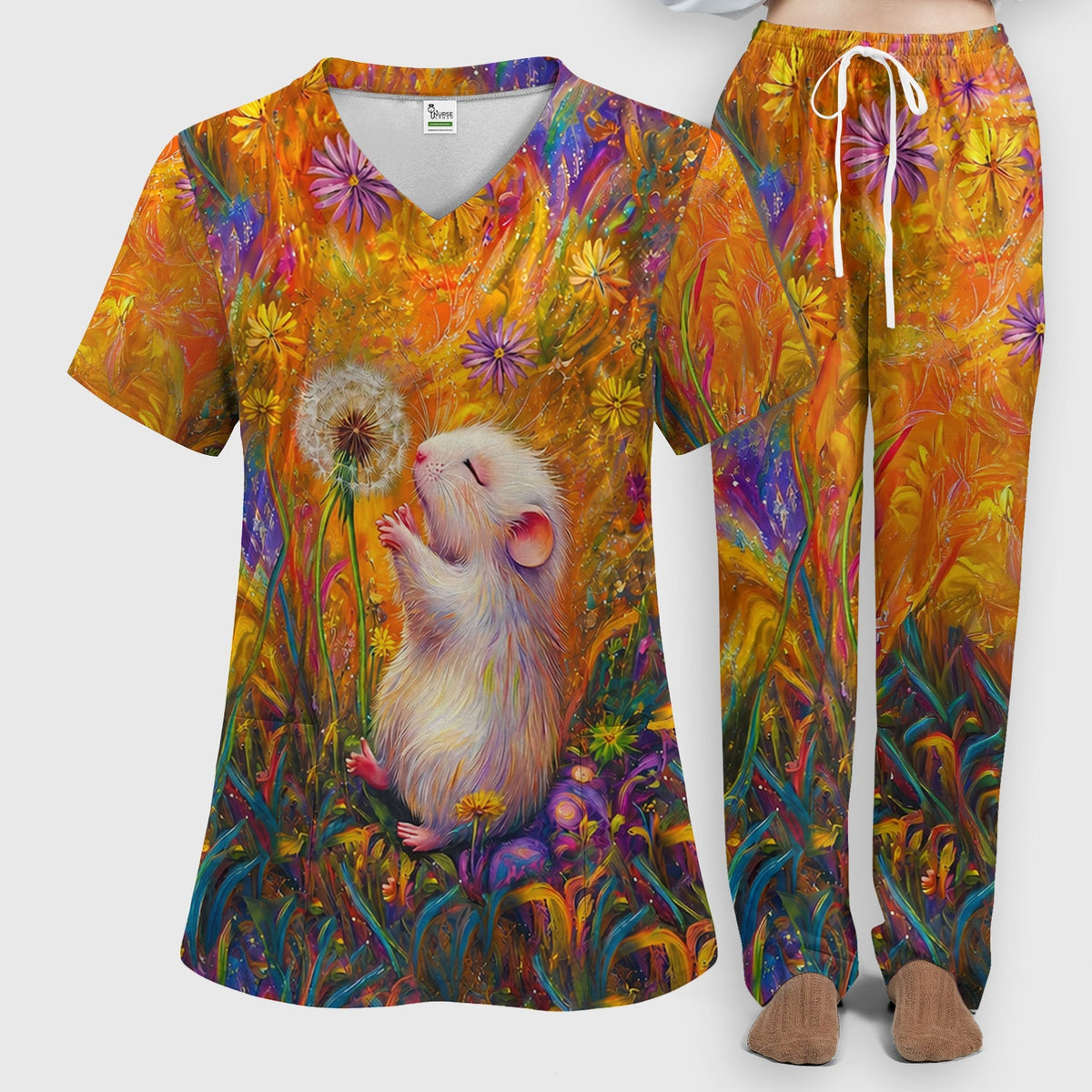 Whimsical Mouse Dandelion Nurse Scrub Set