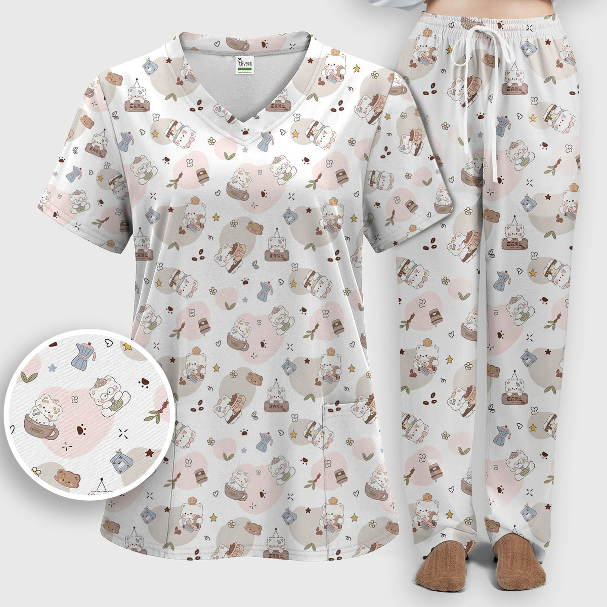 Cat With Coffee Paw Heart Nurse Scrub Set