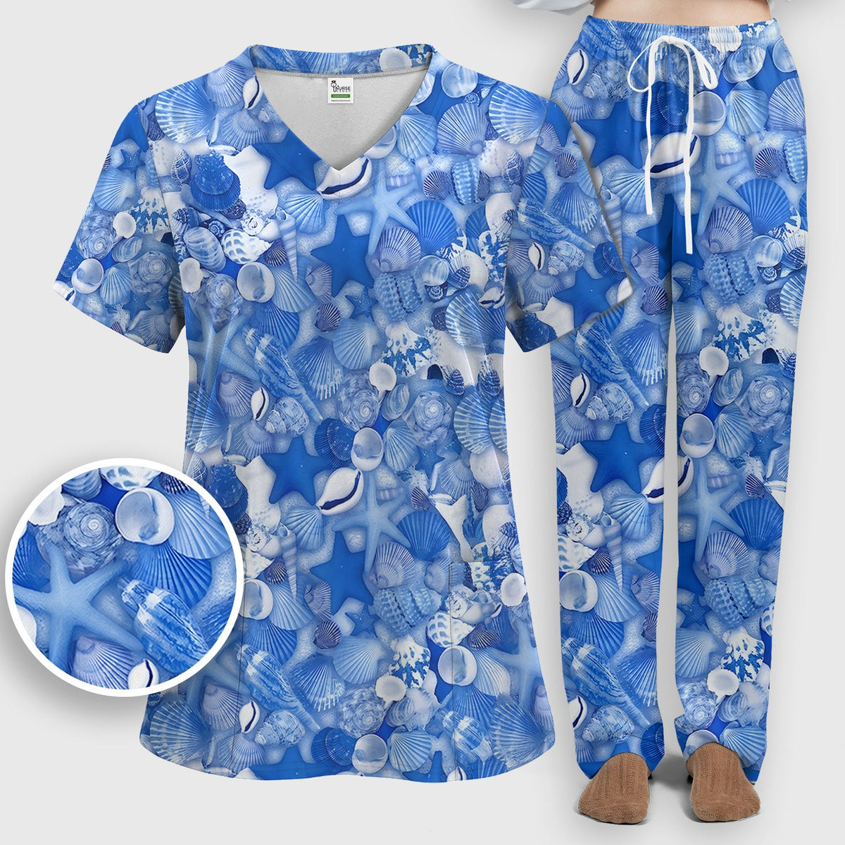 Blue Seashell Starfish Ocean Nurse Scrub Set