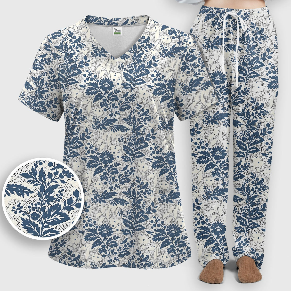 Cute Blue Floral Botanical Nurse Scrub Set