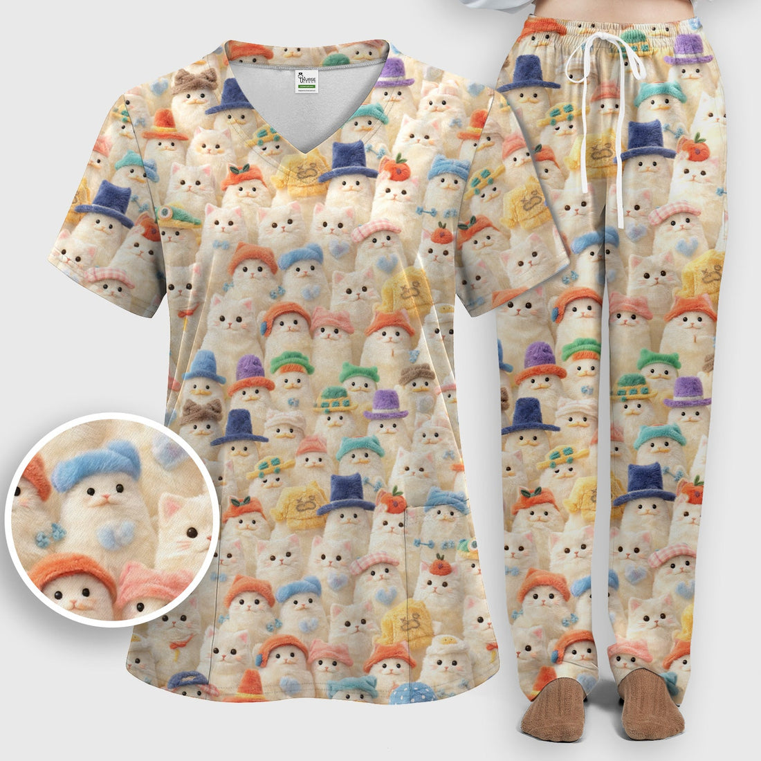 Adorable Cats Wearing Colorful Hats Nurse Scrub Set