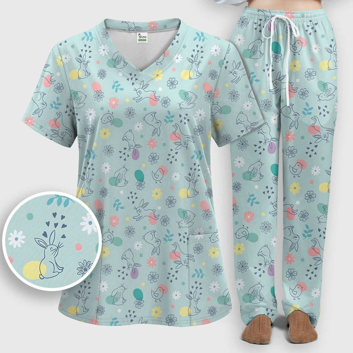 Whimsical Easter Bunny Eggs Nurse Scrub Set