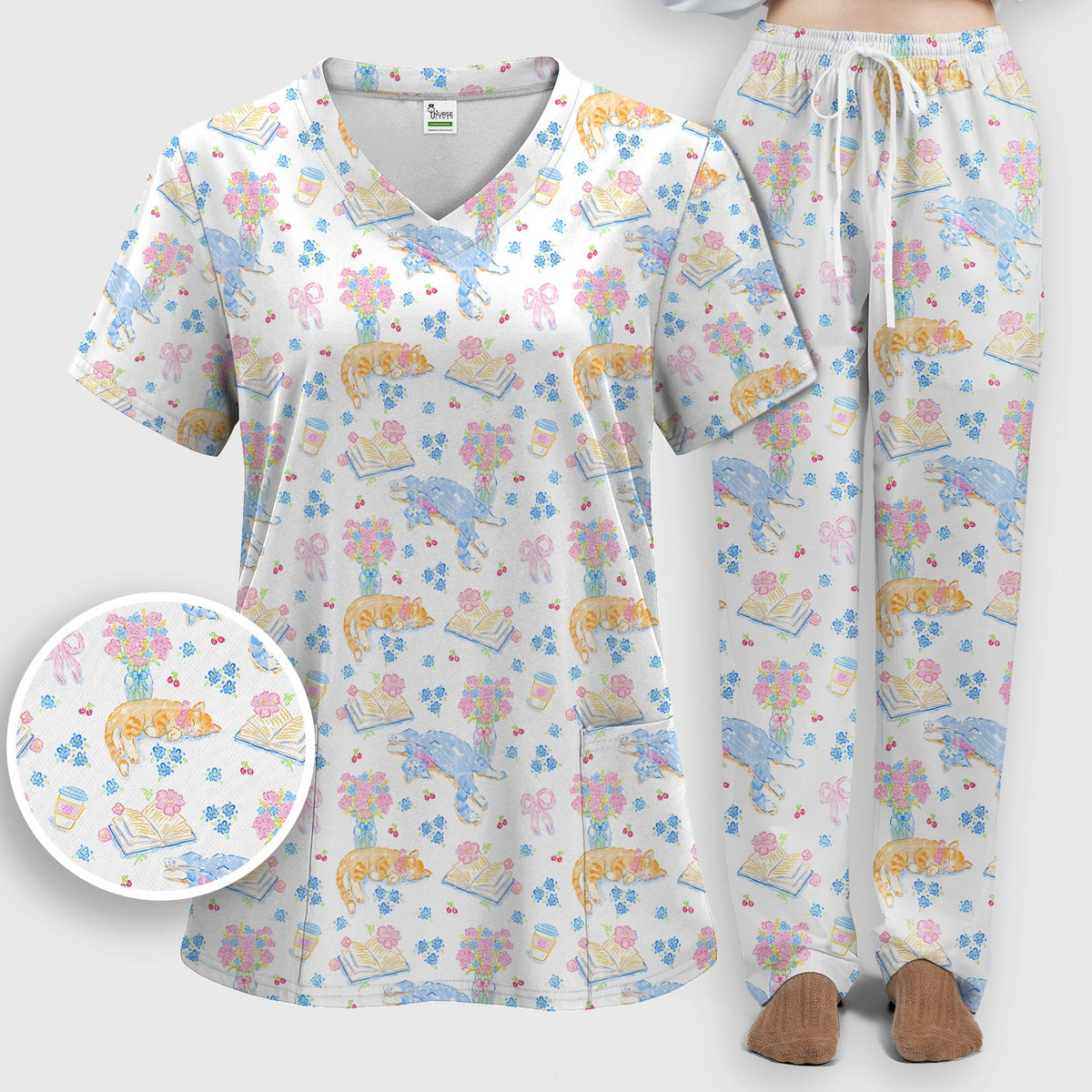 Cats Reading Floral Books Nurse Scrub Set