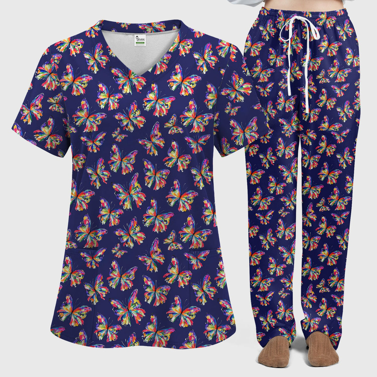 Personalized Vibrant Rainbow Butterfly Nurse Scrub Set