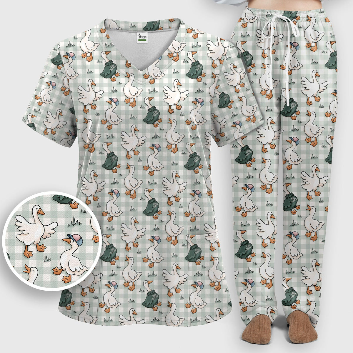 Goose Sweater Plaid Nurse Scrub Set