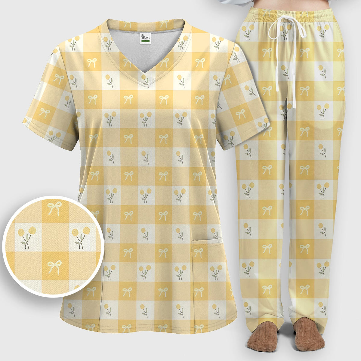Yellow Gingham Bow Floral Nurse Scrub Set