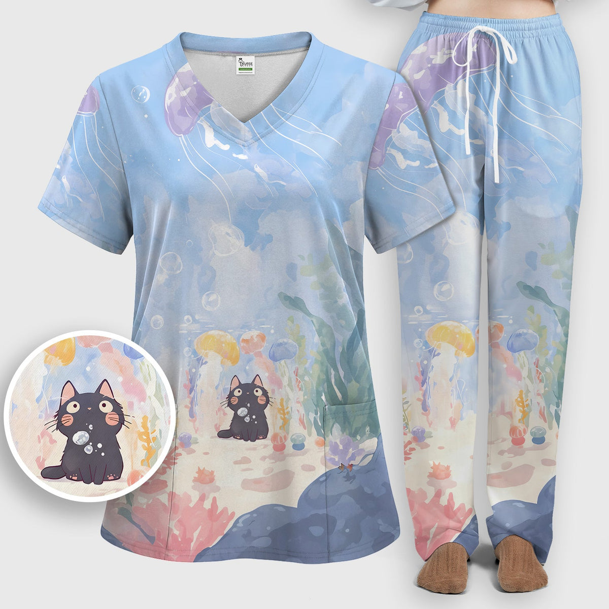Underwater Black Cat Jellyfish Nurse Scrub Set