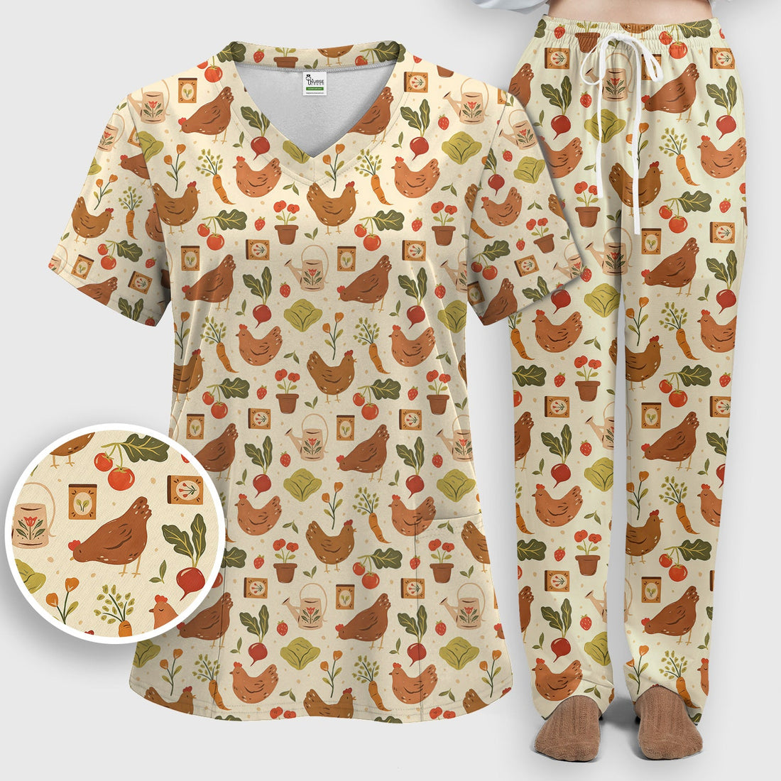 Rustic Farm Chicken Vegetable Nurse Scrub Set