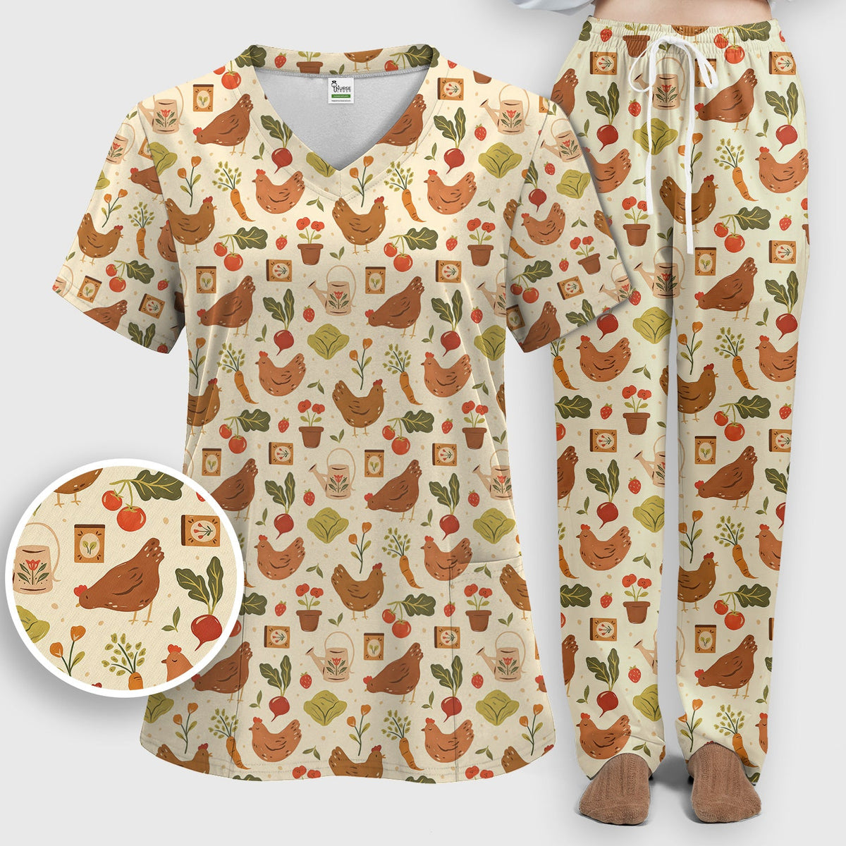 Rustic Farm Chicken Vegetable Nurse Scrub Set
