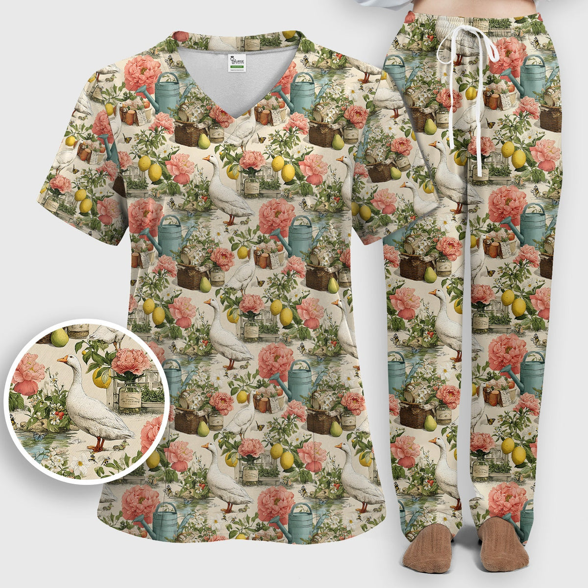Vintage Goose Garden Floral Nurse Scrub Set