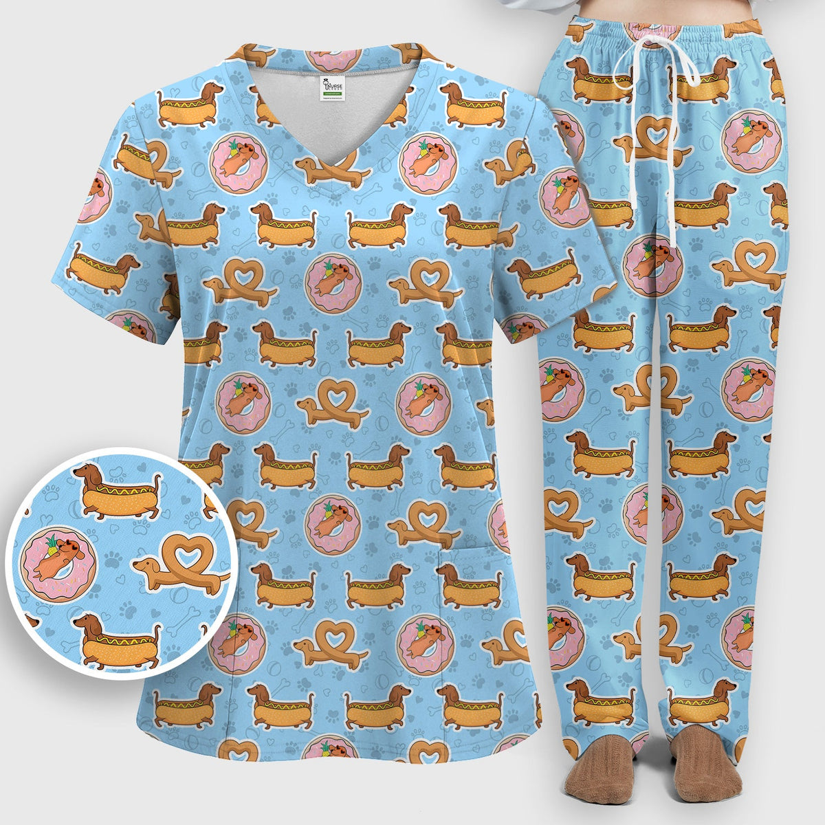 Dachshund Donut Heart Nurse Scrub Set