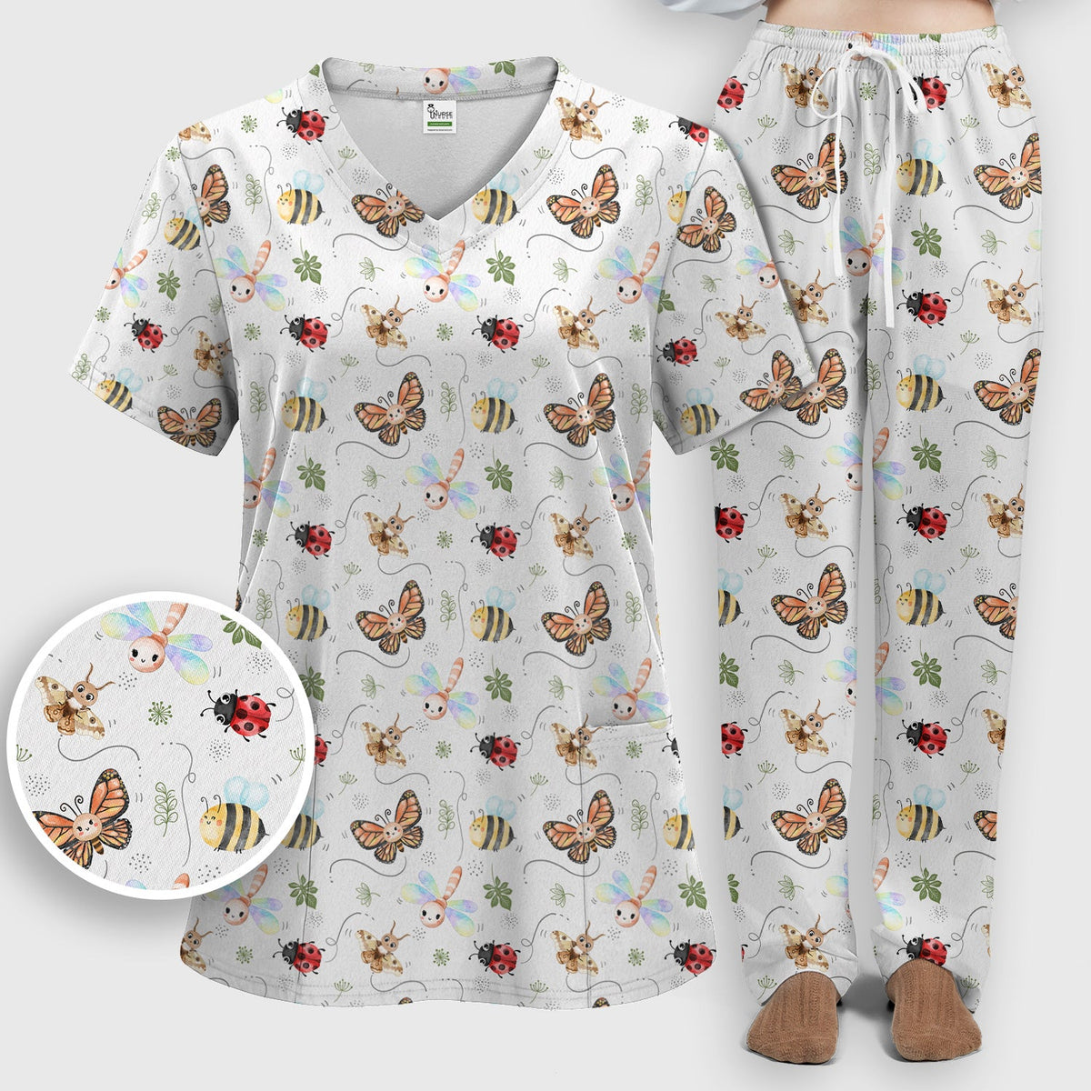 Colorful Garden Insect Nurse Scrub Set