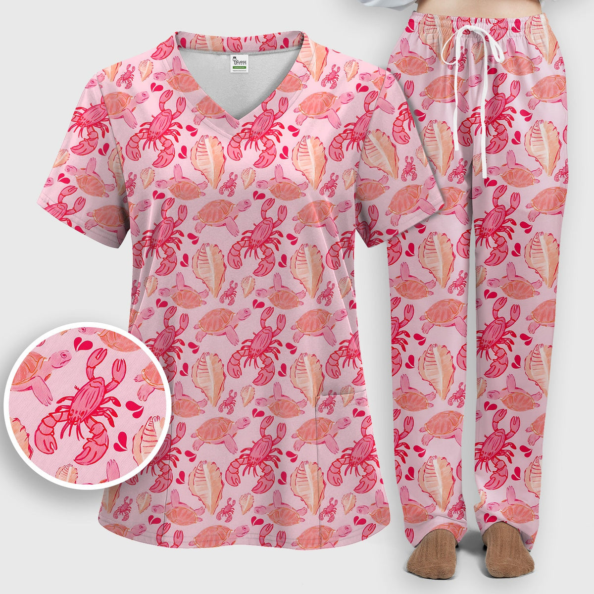 Pink Sea Turtle Lobster Shell Nurse Scrub Set