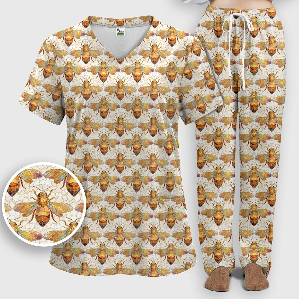 Golden Honey Bee Honeycomb Nurse Scrub Set
