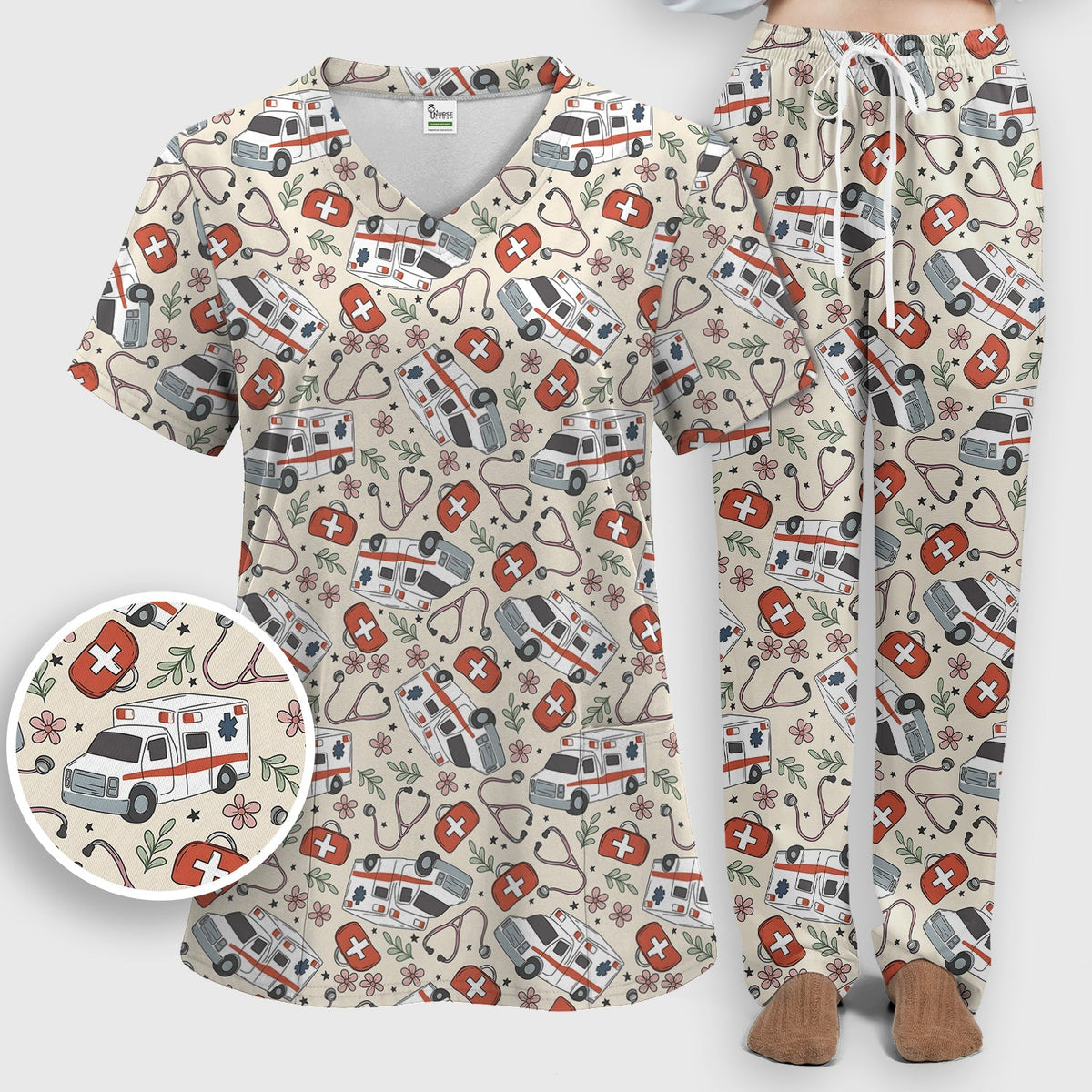 Ambulance Stethoscope First Aid Floral Nurse Scrub Set