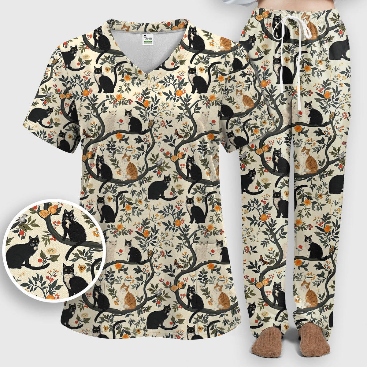 Vintage Black Cat Floral Nurse Scrub Set
