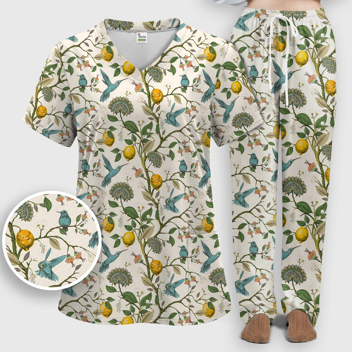 Hummingbird Lemon Floral Nurse Scrub Set