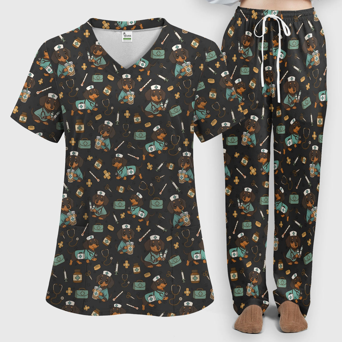 Funny Dachshund Nurse Scrubs Set - Cute Dog Print Medical Shirt - Holiday Nurse Scrub Top Gift for RN CNA Doctor, Women & Men