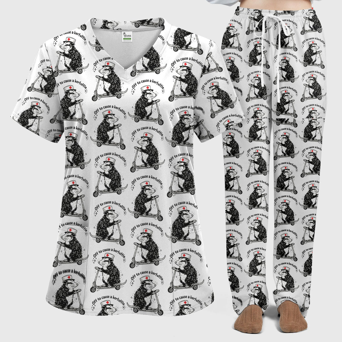 Funny Opossum Nurse Riding Scooter Pattern Scrubs Set, Breathable Med Uniform