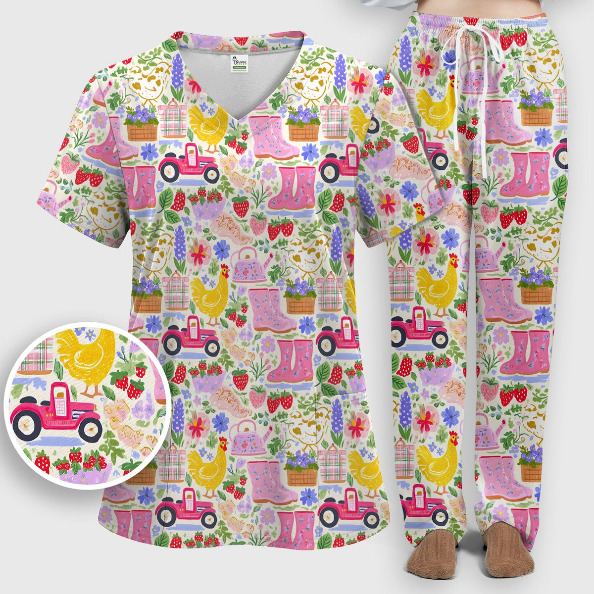 Cute Farm Garden Chicken Pattern Scrub Set, Scrub Pants and V Neck Top