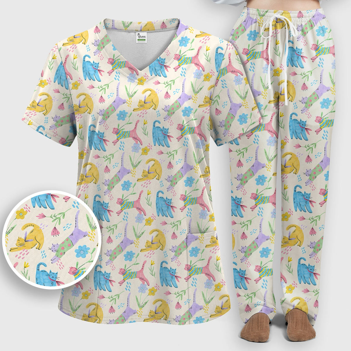 Colorful Cat Floral Nurse Scrub Set